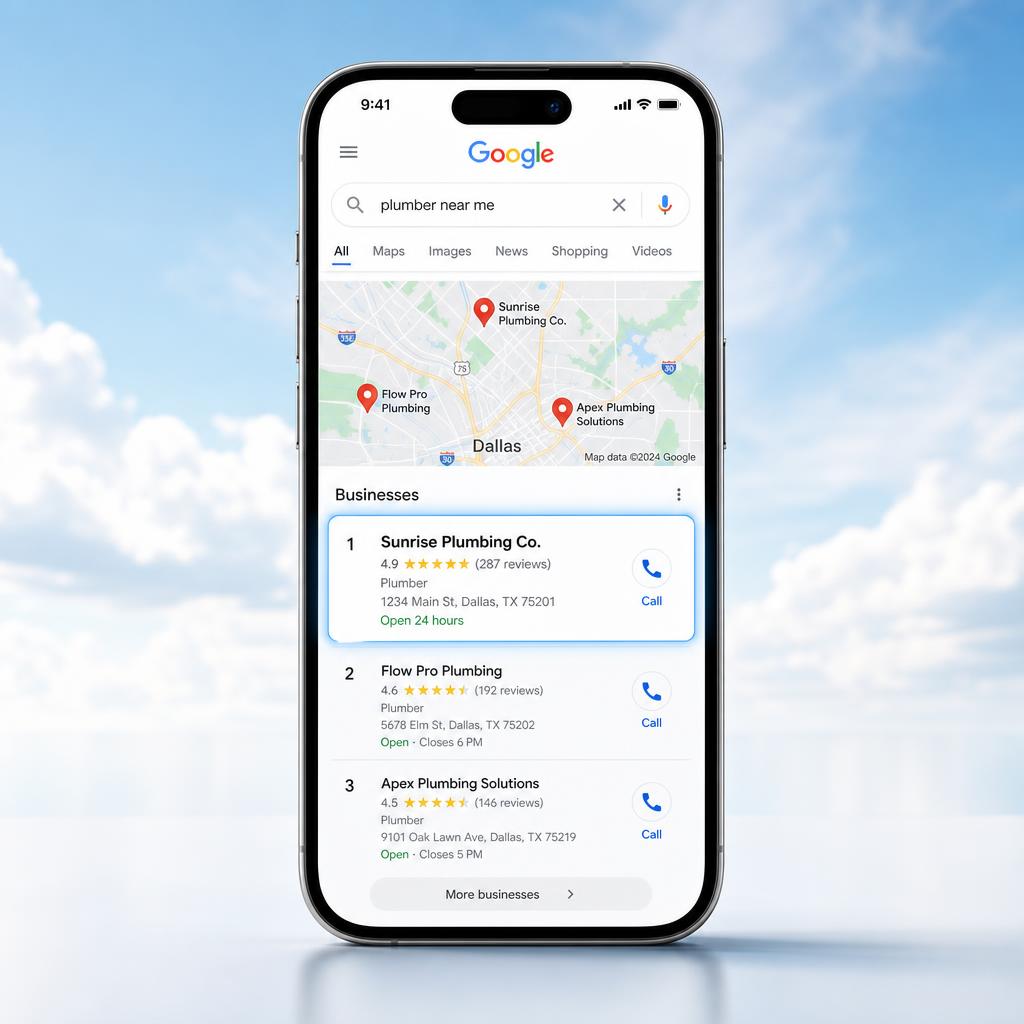 iPhone showing a local business ranked #1 in the Google Maps top 3 listings